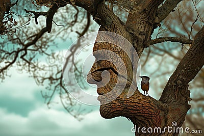 tree halfface with a bird perched as if on a branch Stock Photo