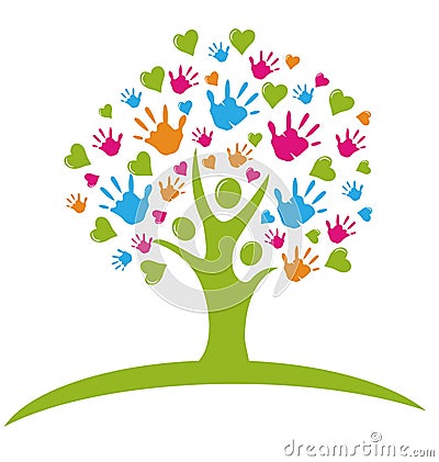 Tree with hands and hearts logo Vector Illustration