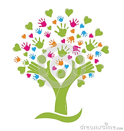 Tree with hands and hearts family figures logo Vector Illustration