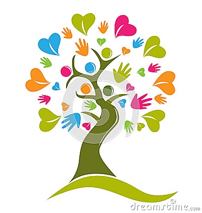 Tree hands and hearts figures logo Vector Illustration