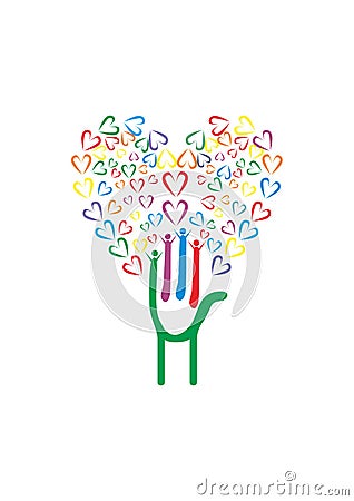 Tree with hands and hearts logo Vector Illustration