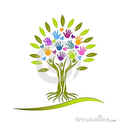 Tree hands and hearts logo Vector Illustration