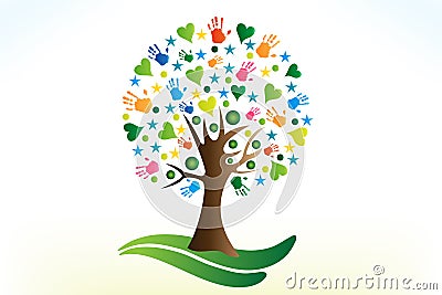 Tree hearts and hands print people figures logo vector image Vector Illustration