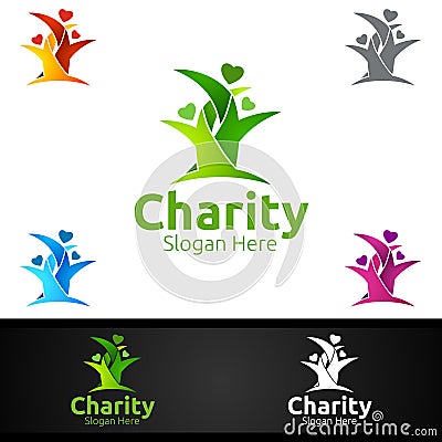 Tree Helping Hand Charity Foundation Creative Logo for Voluntary Church or Charity Donation Vector Illustration