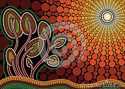 Tree on the hill, Aboriginal tree, Aboriginal art vector painting with tree and sun Vector Illustration