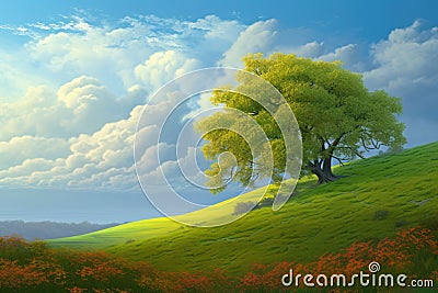 Tree hill sky. Generate Ai Stock Photo