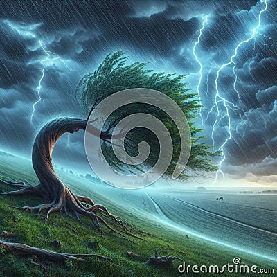 A surreal tree in the fight against the elements. Stock Photo