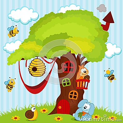 Tree house with animals Vector Illustration