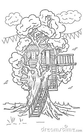 Tree house coloring book for kids hand drawn graphic ink Stock Photo