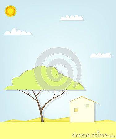 Tree and house in the desert Vector Illustration