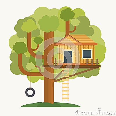 Tree house. House on tree for kids. Vector Illustration