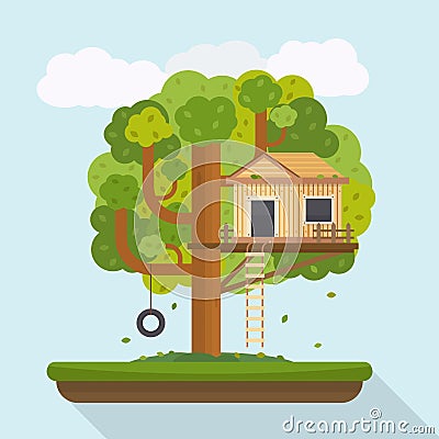 Tree house. House on tree for kids. Vector Illustration