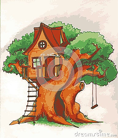 Tree house. House on tree for kids. Children playground with terrace, swing and ladder illustration Vector Illustration