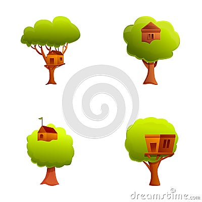 Tree house icons set cartoon vector. Cozy building on wood branch in garden Vector Illustration