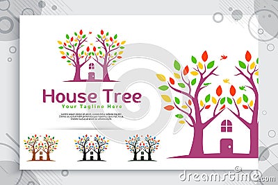 Tree house vector logo made from two trees incorporate with house as a symbol icon a residence like village house, can use for Vector Illustration