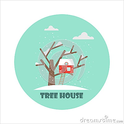 Tree house in winter, vector flat illustration, icon in a circle. Snowflakes from the sky Vector Illustration