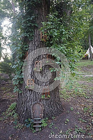 Tree houses for squirrels and birds in the park. Stock Photo