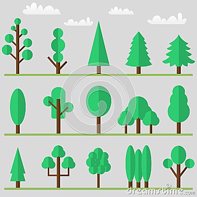 Tree icon set with clouds and grass. Vector illustration Vector Illustration