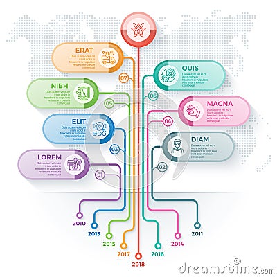 Tree infographics template with 7 branches options and root. Vector Illustration