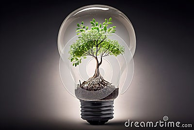 Tree inside lightbulb, green energy concept, dark background Stock Photo