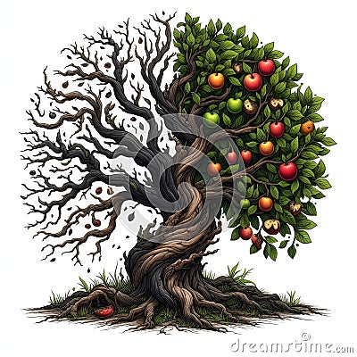A tree of knowledge with two side, good and bad, symbolizing the knowledge can be beneficial and destructive Stock Photo