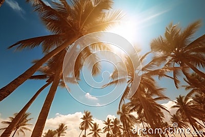 sun ocean palm landscape beach island sky sea sunset sunrise. Generative AI. Stock Photo