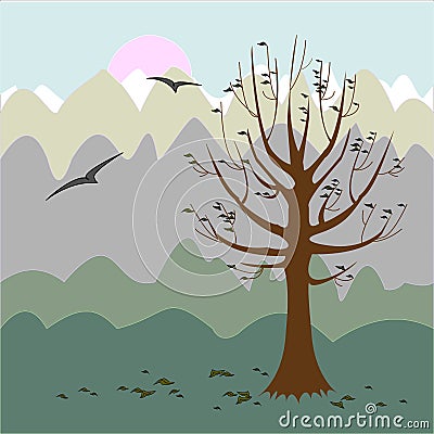A tree without leaves. Philosophical mood. Autumn background. Vector illustration Cartoon Illustration