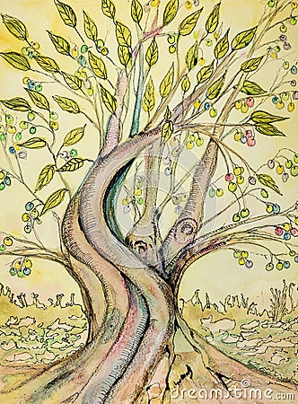 Tree of life with doodled leaves and fruit in the garden of Eden. Stock Photo