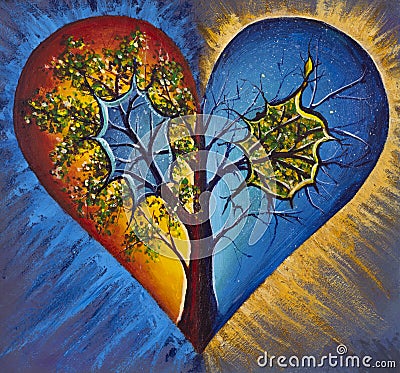 Tree of life in heart. Acrylic painting harmony illustration Heart soul symbol of yin and yang energies. The concept of opposite e Cartoon Illustration