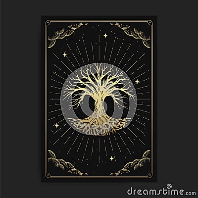 Tree of life. Magic occult tarot cards, Esoteric boho spiritual tarot reader, Magic card astrology, drawing spiritual or Vector Illustration