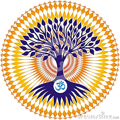 The tree of life and mandala with om, aum, ohm sign. Vector Illustration