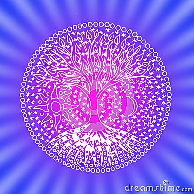 The tree of life. Mandala. Symbolic pattern in colorful blues and purples. Stock Photo