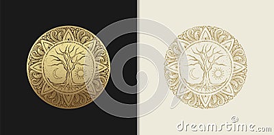 Tree of life with moon and sun with engraving, luxury theme for tarot reader Vector Illustration