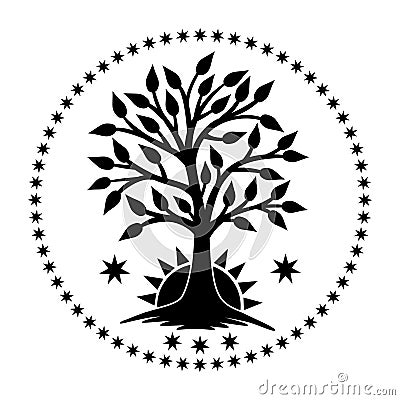 The tree of life with the rising sun in a circle of stars. Vector picture. Vector Illustration