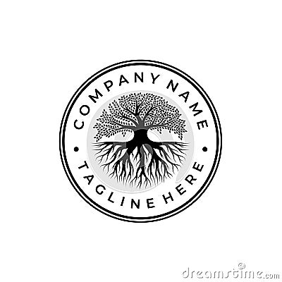 Tree of Life Stamp Seal Emblem Oak Banyan tree logo design inspiration Vector Illustration