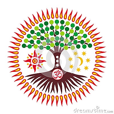 The tree of life in a sunny halo with symbol aum / om / ohm. Vector. Vector Illustration