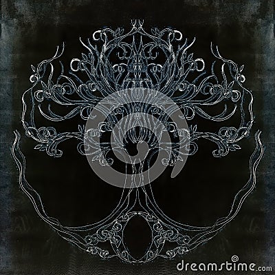 Tree of life symbol on black background, yggdrasil. Stock Photo