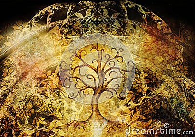 Tree of life symbol on structured background, yggdrasil. Stock Photo