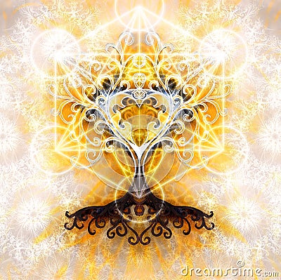Tree of life symbol on structured ornamental background with heart shape, merkaba pattern, yggdrasil. Stock Photo