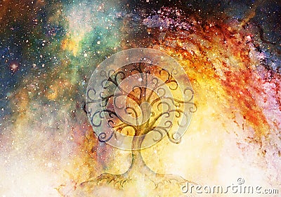 Tree of life symbol on structured and space background, flower of life pattern, yggdrasil. Stock Photo