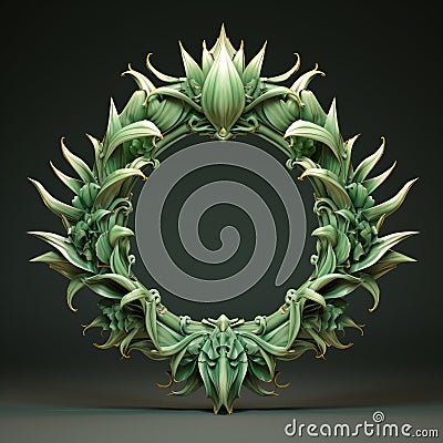 Rococo Digital Aloe Vera Wreath: Intricate Dark Green Scrolling Pattern Stock Photo