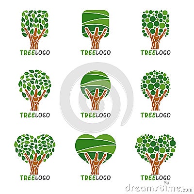 Tree logo - Squares, circles and hearts leaf style vector set design Vector Illustration