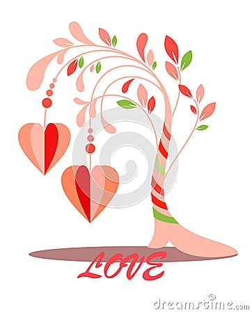 A tree of love in pink tones with hearts and leaves. Vector Vector Illustration