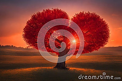 Tree of love and Valentine's day on a field in autumn at sunset.. Stock Photo