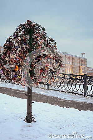 Tree of Love with wedding locks, Luzhkov Bridge. Moscow, Russia Stock Photo