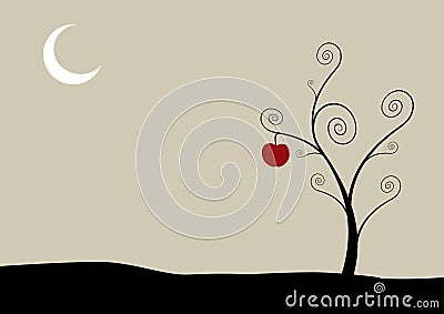 Tree with moon and apple. Vector Illustration