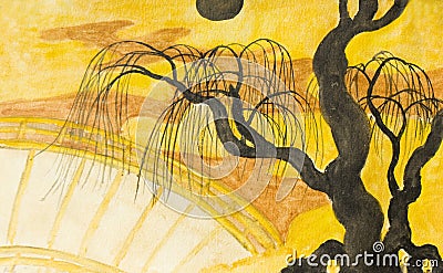 Tree, moon and bridge, painting Stock Photo