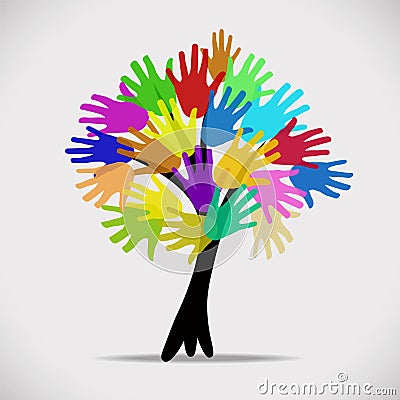 Tree with multicolor hands, stock vector logo illustration Vector Illustration