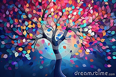 Tree with multicolor leaves. Generative AI Stock Photo