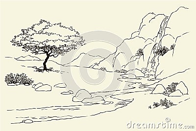Tree near a mountain stream in the meadow Vector Illustration